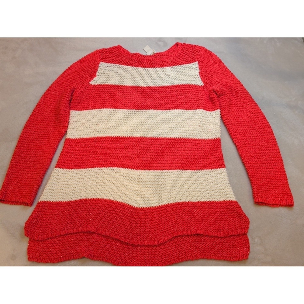 Chico's Women's Size 2 (L) Red White Striped Knit Sweater Metallic Thread